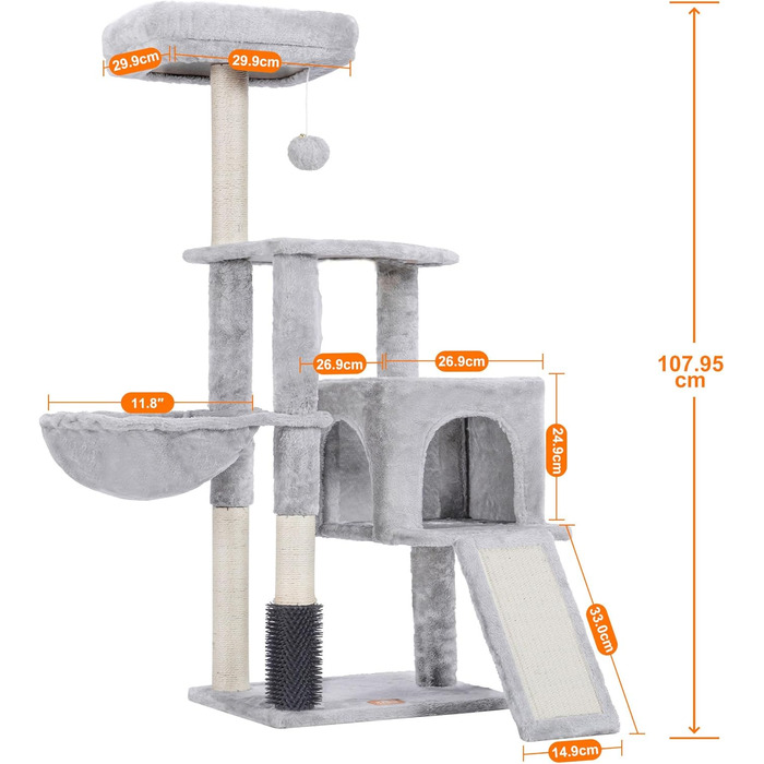 Котячий будиночок Heybly з котячою щіткою, котячий будиночок для домашніх котів з м'якою оксамитовою стійкою, котячий кігтеточки з кошиком, дряпалкою та кігтеточкою, HCT005SG (світло-сірий)