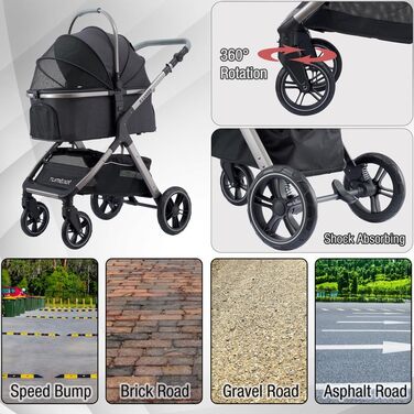 Візок для тварин для маленьких та середніх собак, котячий візок, система подорожей, чотириколісний візок для собак з пеленатором, вхід на блискавці/тримач для напоїв/кошик для зберігання