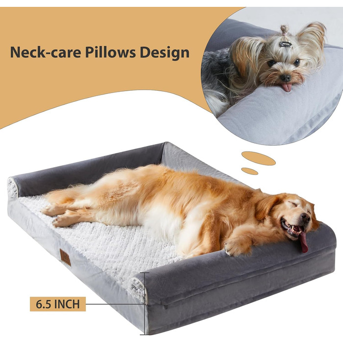 Ортопедичні лежанки для собак великих порід WNPETHOME, водонепроникні, з піною з ефектом пам'яті, з бортиками, неслизька підкладка, сірий колір