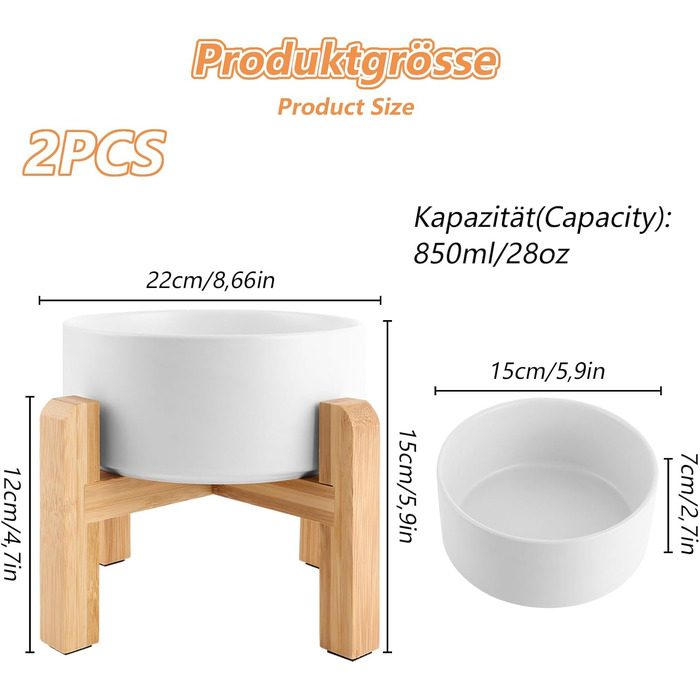 Набір керамічних мисок для собак Oungy 2 шт. з підставкою з бамбука, антиковзаючі, 850 мл, білі. Підходять для собак та котів