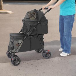 Двоповерховий візок для собак, складаний візок для котів з ременями безпеки, гальмами, вантажопідйомність 15 кг на кожному поверсі, для собак та котів середніх та маленьких порід, чорний