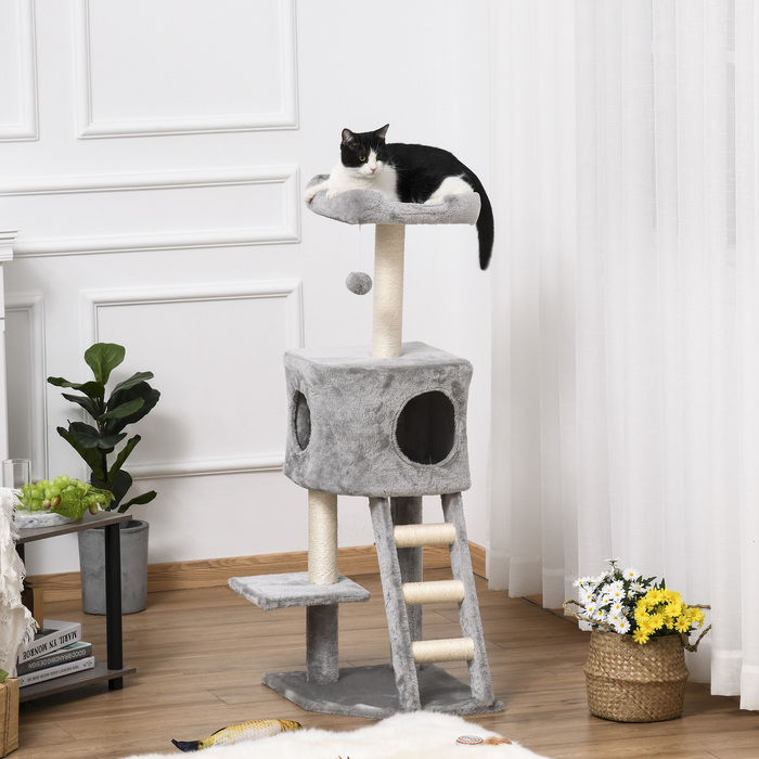 Кігтеточка PawHut стайня з котячою печерою та драбинкою 60 х 48 х 122 см для маленьких котів з сизалю світло-сірого кольору