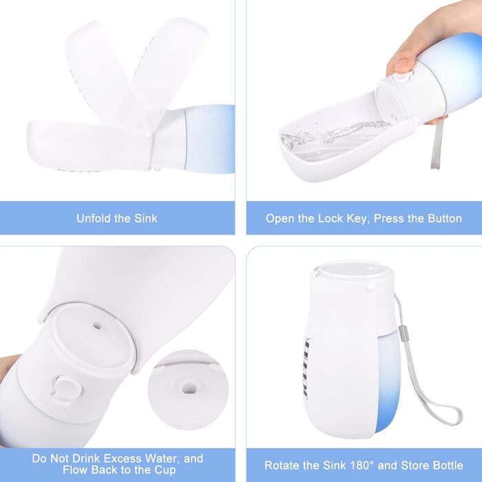 Турбувальна пляшка для води для собак і котів JOPHEK 300мл з фільтром з активованого вугілля, блакитно-біла, для прогулянок, подорожей та кемпінгу