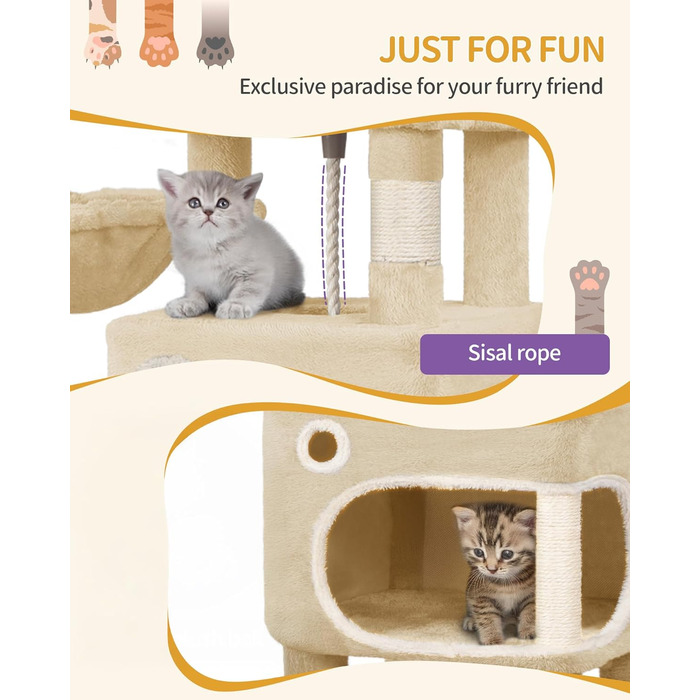 Драбина-кіготь для котів Hzuaneri MS15918YL, 159 см, бежева, з 8 стовпчиків, 3 платформ та 2 хованок