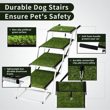 Складні сходинки для собак великих порід, портативні сходи для домашніх тварин з антиковзким покриттям, легкі сходи для собак у автомобілі, SUV, вантажівці. Сходи для собак великих порід до 80 кг (Extra Wide, 5 сходинок з травою)