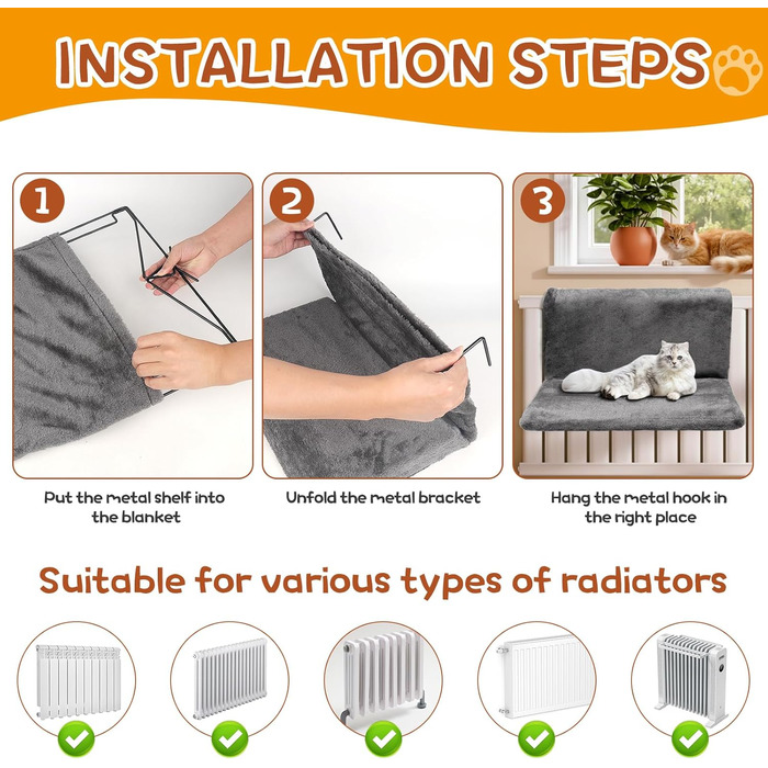 Ліжко для котів на радіатор, гамак для котів на батарею, лежанка для котів та дрібних тварин, ліжко для котів на опалення, гамак для котів на будь-які радіатори