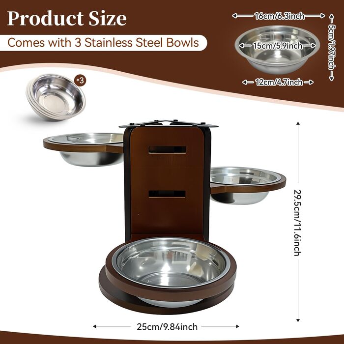 Підвищений годівниця для собак, регульована по висоті, 3-рівнева годівниця для собак, підставка з 3 мисок з нержавіючої сталі, 650 мл, годівниця для собак з антиковзним дном