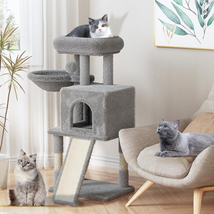 Дерев'яний кігтеточки для котів, кігтеточка-вежа, ігровий комплекс для кошенят, сірий колір, висота 98.5 см