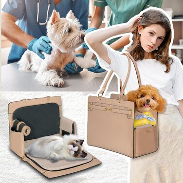 Сумка-переноска для собак та котів 2-в-1, стильна, з м'якими боковинами, для подорожей, складна, для цуценят та маленьких тварин (чорний + коричневий, 38,1 см x 19,1 см x 15 см)