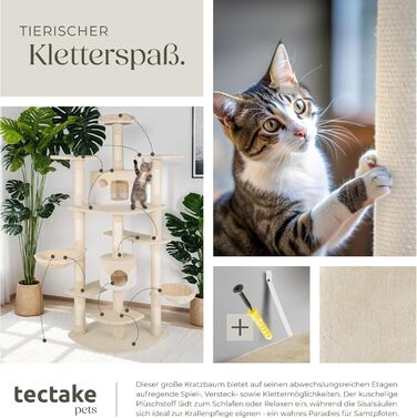 Tectake XXL Котячий дряпак, великий ігровий комплекс для котів із іграшками, канатом, лежанкою, двома будиночками та стовпом із сизалю, до стелі, бежево-білий