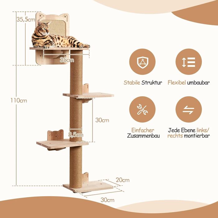 Котячий комплекс на стіну LitaiL Wandkratzbaum: 4 яруси, 110 см, еко-дерево, сірий колір