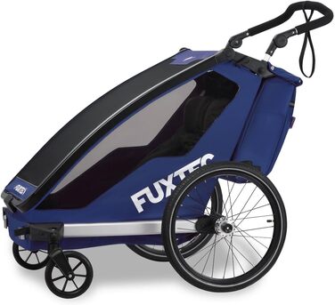 Причіп для велосипеда Fuxtec Sportfux на 2 місця, з сумкою на заднє кріплення, світловідбивачами, ручкою-штовхачем, захистом від дощу та сонця, складаний, фіолетовий FX-FA1 (блакитний)