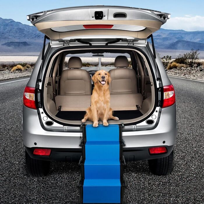 Сходинки для собак - 4 сходинки, портативна пандус для автомобіля, дивана або ліжка, неслизька, вантажопідйомність до 75 кг (Блакитний)