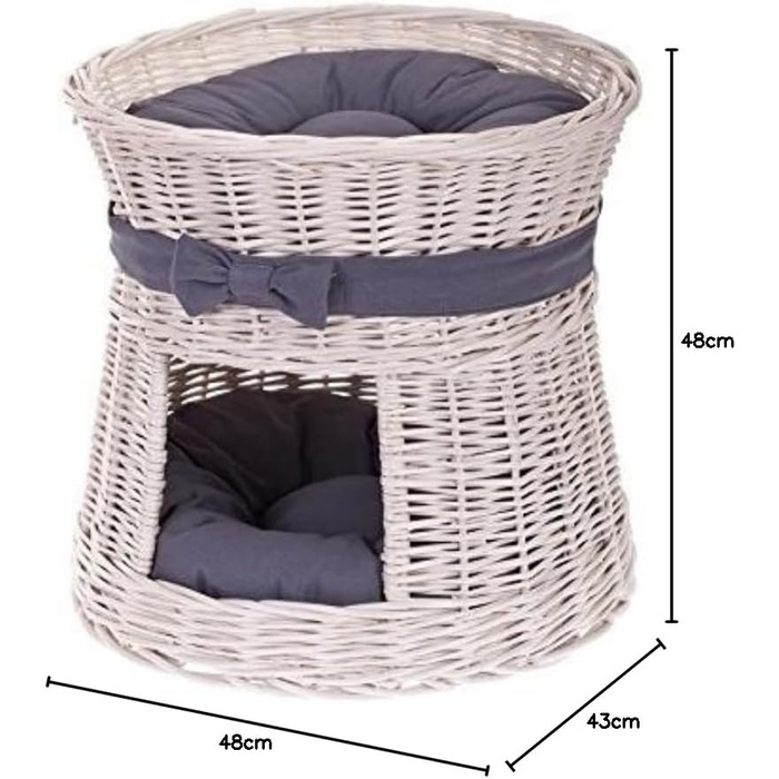 Кругла котяча хатинка e-wicker24 з плетеної лози, двоярусна, з подушкою та бантиком, котячий тур (кремово-сірий)