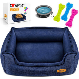 Лежак для собак Lovpet XL 110x75x27 см, комплект з мискою та 3 кісточками, знімний і праний чохол, для малих, середніх і великих порід, темно-синій