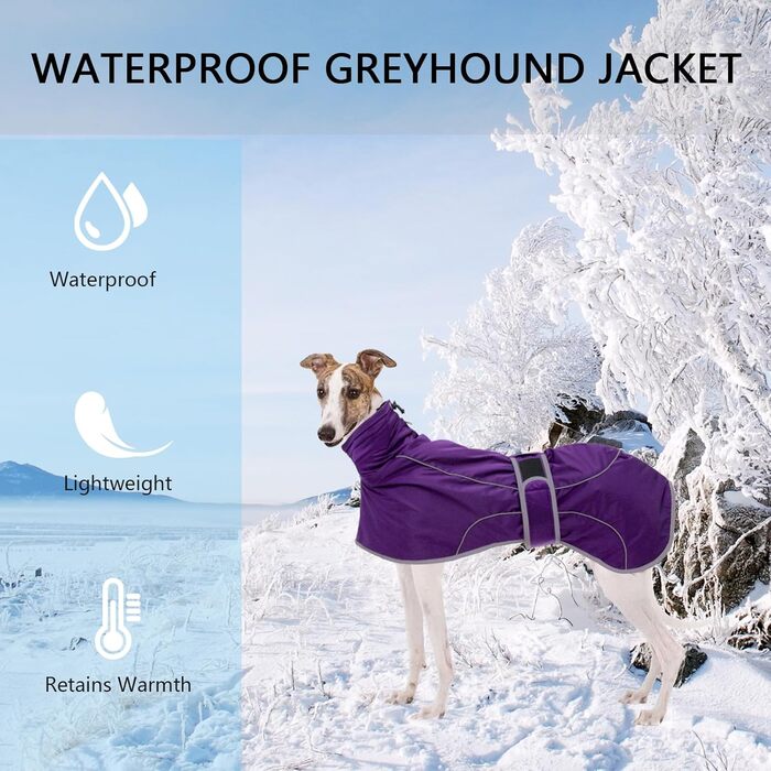 Водонепроникний зимовий пуловер для грейхаундів Geyecete: теплий, регульований, з відбиваючими елементами, для середніх та великих собак (XS-XXL, фіолетовий)
