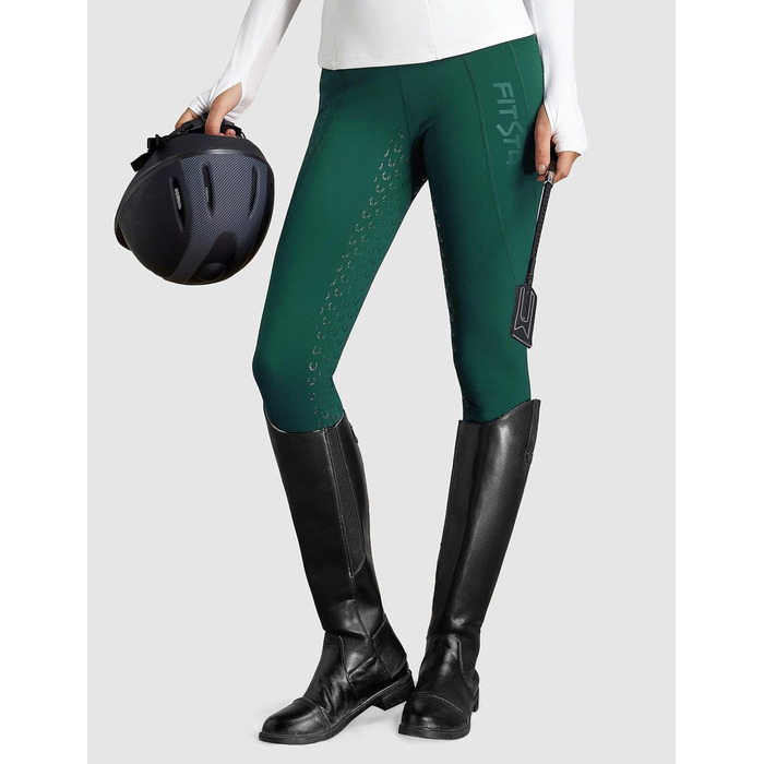 Легінси для верхової їзди жіночі зимові FitsT4 з силіконовим повним покриттям, флісовою підкладкою, кишенею для телефону та петлями для ременя (L, Темно-зелений)
