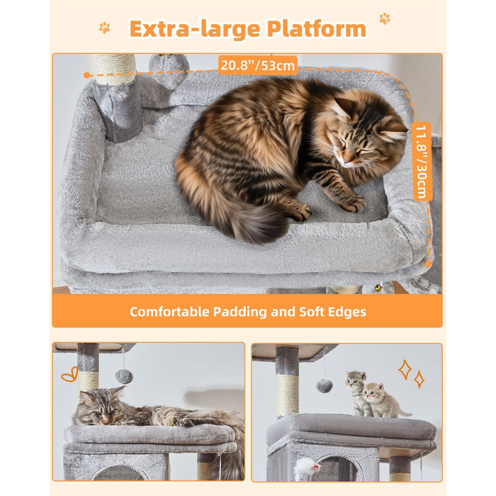 Котячий комплекс Taoqimiao MS044W, 190 см, сірий: багатоярусна котяча вежа з 2 будиночками, гамаком, 8 стовпчиками для дряпання та 2 підвісними кошиками