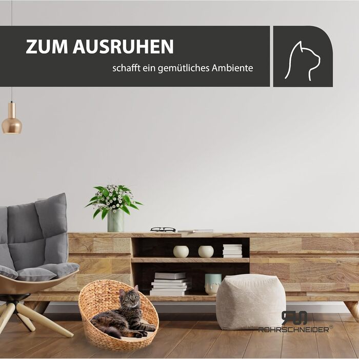 Квіткове ліжко для котів Rohrschneider® з плетеної гіацинту, знімний килимок, миється | Затишне місце для сну кота з високим бортиком