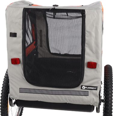 Причіп для велосипеда Flamingo Jolene сірий & оранжевий - 77,5x58x67см - з пластиковим ковшем, широкими колесами та 2 регульованими амортизаторами - 2 велосипедні з'єднувачі та система кріплення з блокуванням безпеки