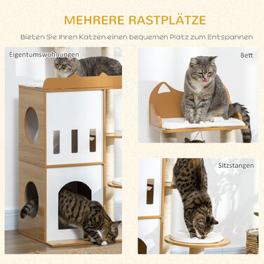 PawHut Cat Tree, 133 см, кігтеточка для кішок Cat Tree з 2 котячими печерами, зі стеблами для подряпин, подушками, м'яч, меблі для кішок, кімнатна, дуб+біла | Аосом