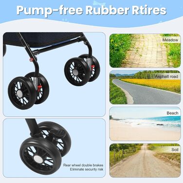 Складана візок для тварин до 10 кг з амортизаторами 360° та сонцезахистом - Легкий вигулювач для котів/маленьких собак (Чорний/Синій)