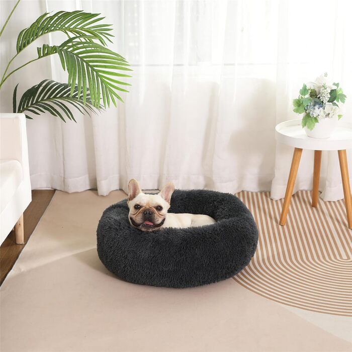 М'яке ліжко для собак та котів у вигляді пончика, плюшеве, кругле, 58 см, темно-сіре