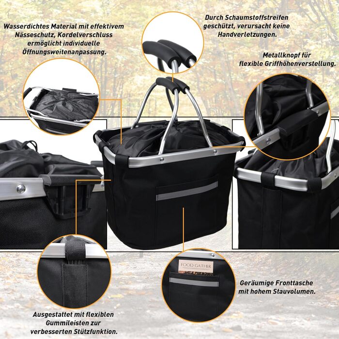 Складаний водонепроникний велосипедний кошик Lemondo – алюмінієвий кошик на кермо з подвійними ручками, 35,5 x 24,5 x 25 см, для покупок, пікніків, транспортування домашніх тварин, аксесуари для велосипеда