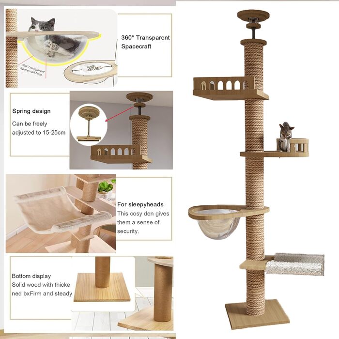 Котячий кігтетоп на стелю Kratzbaum, кігтетоп-капсула, гамак для котів, повністю обмотаний сизалевим мотузком, ширина 11 см, висота до стелі (240-250 см, 265-275 см T04)