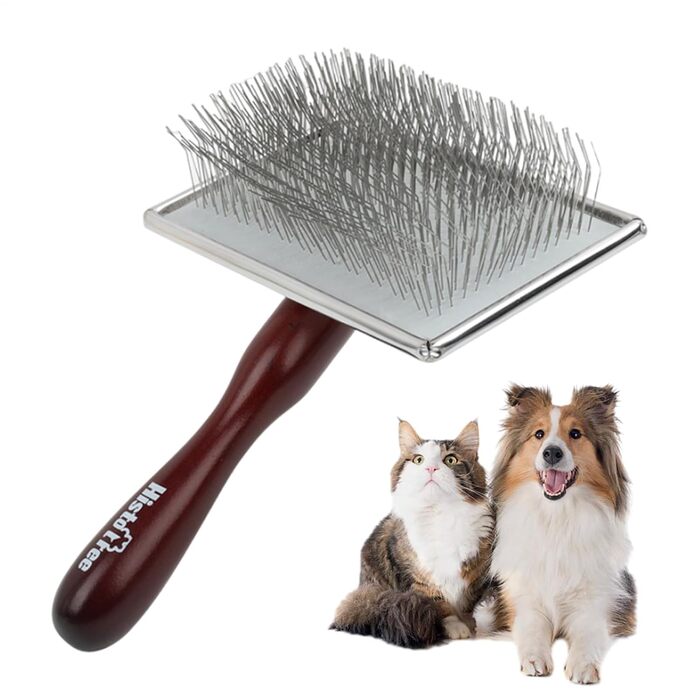 Щітка для собак та котів з дерев'яно-металевим руків'ям, самоочисна, м'яка, антик-дизайн, ергономічна, для довгошерстих порід (пудель, лабрадор)