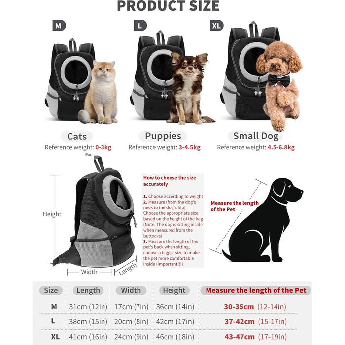 PETCUTE Рюкзак для тварин: дихаючий, регульований, з вікном, для собак та котів, чорний, L (38 x 20 x 42 см), схвалений авіакомпаніями