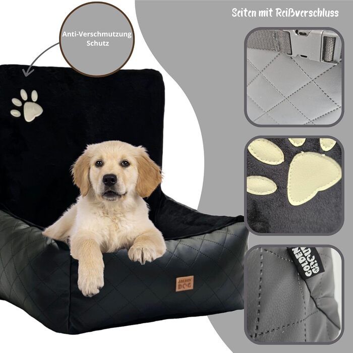 Автомобільний лежак для собак Golden Dog з ременем безпеки, 73 x 56 см, шкірозамінник, чорний