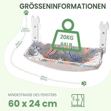 Кішка ліжко на вікно HiPetpy, світлодіодна двостороння матрац, складана та бездротова, міцні присоски до 20 кг, зручний поглиблений дизайн, 360° огляд, підвісна ліжко для котів, віконце-ліжко (Сірий, 1 шт.)
