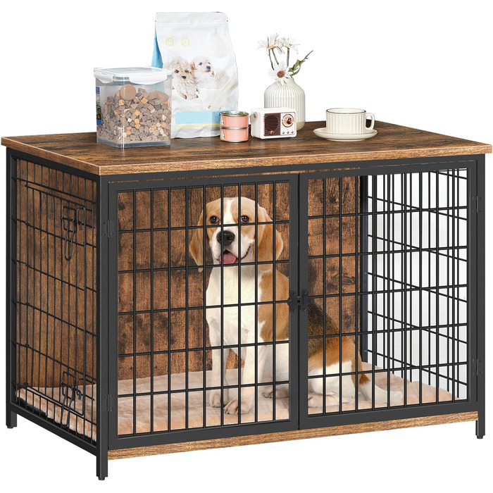 Клітка для собак, 100 см, з подушкою, 2 двері, дерев'яний каркас, для собак маленьких, середніх та великих порід, для дому, білий ADCBW10701, білий (100 x 60 x 70 см, коричневий)