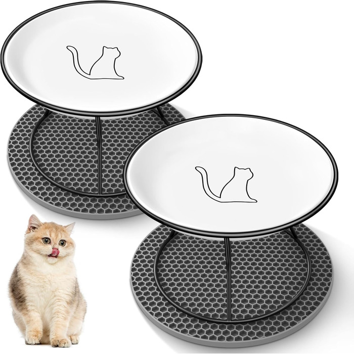 Набір мисок для котів FoiiLiio 2 шт. з кераміки з металевим підставкою, 10 см, з підставкою з силікону, чорний