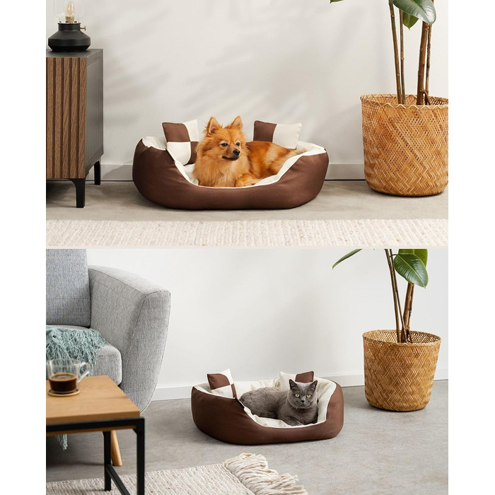 Ліжко для собак Lionto 4-в-1 з двостороннім подушкою, 65x50 см, з міцного оксфорду, водовідштовхувальне, для собак та котів, з глибоким входом, включає декоративну подушку, коричневе/бежеве