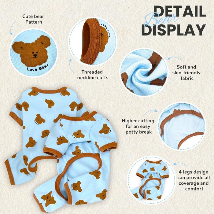 Піжама для собак AXIIJGL, бавовна, еластична, цільнокройна, зручна, для маленьких собак, з принтом милого ведмедика, для французького бульдога (XX-Large, довжина спини 37 см), блакитно-біла