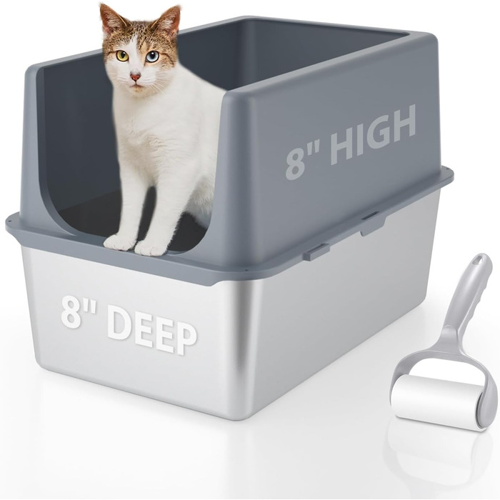 Котячий туалет LIHOOOOM XXL з нержавіючої сталі з кришкою, високими бортиками, для великих котів, легке очищення, сіра кришка, 40,5 см