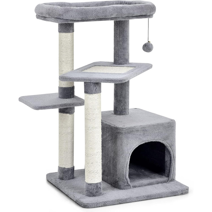 Дряпак для котів COSTWAY, 85 см, з будиночком, м'яким сидінням, м'ячиком та сизалевими стовпчиками, сірий