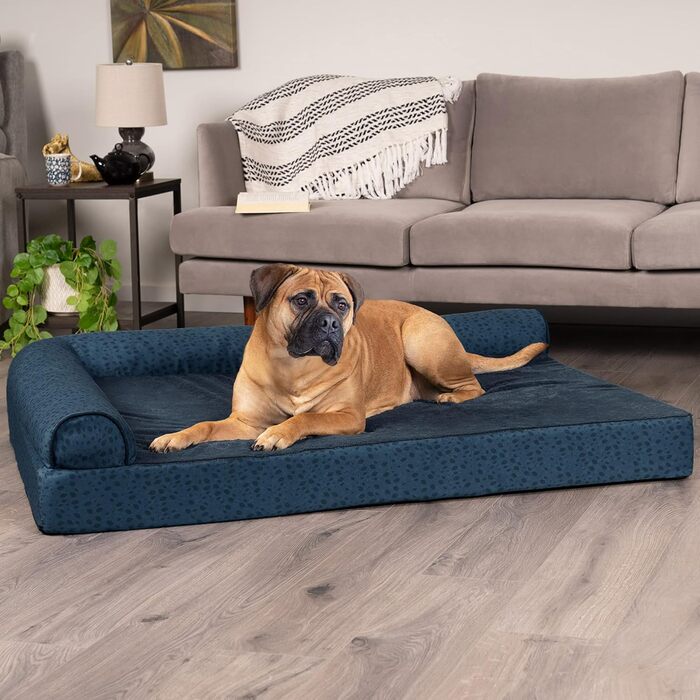 Ліжко для собак Furhaven великого розміру з ортопедичним матрацом, стиль дивана, знімний чохол, велике (135 x 102 x 24 см, блакитно-горіховий)