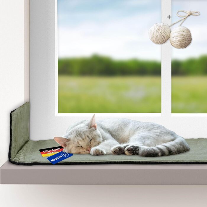 Кішка ліжко-лежанка для вікна | Самопідігріваюча підстилка для котів | Зроблено в ЄС | М'яке ліжко для котів з антиковзною підкладкою | Миється, матеріал - корд | Розмір 2 (90 x 29 см) | (сіль)