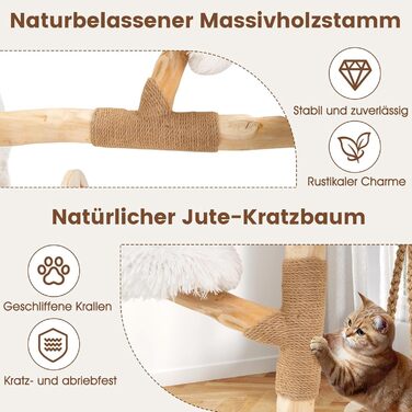Дерев'яний кігтеточки для котів Costway з гамаком, мотузкою, гілками, стійкою з джуту, 2 стійками та платформою, 66 см