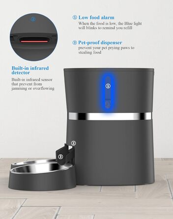 Автоматичний годівниця для котів та собак WellToBe Smart з Wi-Fi, таймером, функцією запису голосу та керуванням через додаток, до 6 прийомів їжі на день (чорний)