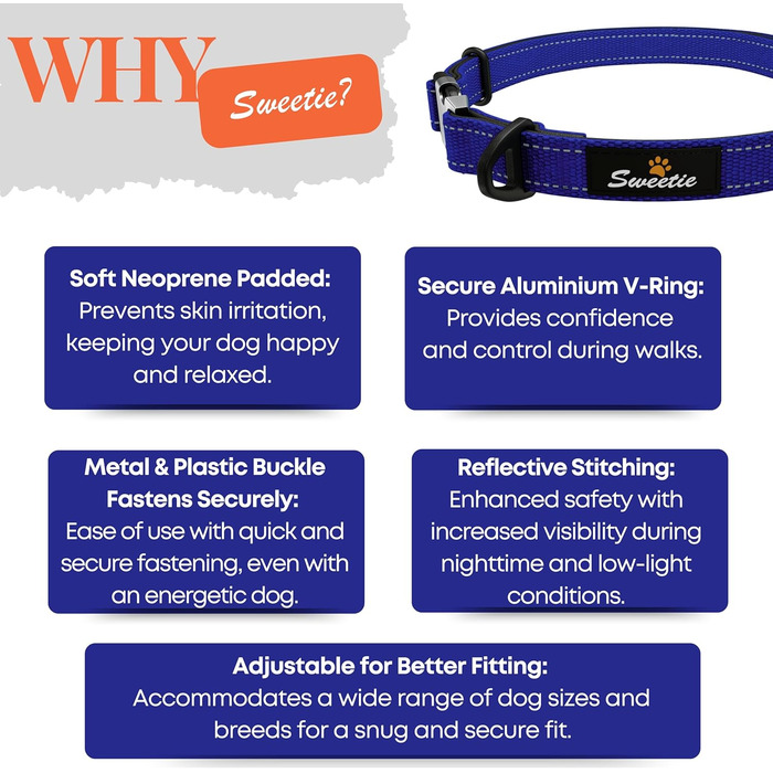 Нашийник для собак великих порід, світловідбиваючий, з підкладкою, регульований, з металевою застібкою, алюмінієве кільце (L, блакитний)