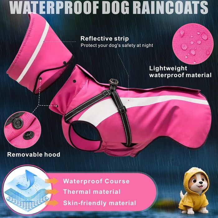 Водонепроникний дощовик для собак Oslueidy: дощовик з капюшоном для малих, середніх та великих собак, цуценят S-XXL (Рожевий, M)