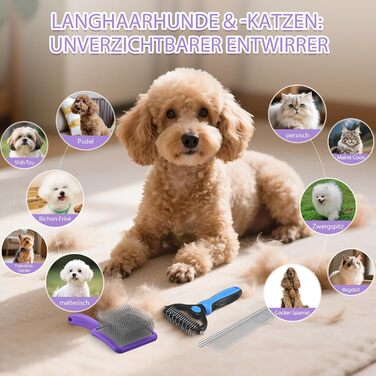 Набір для грумінгу собак та котів Slicker Brush – 3 частини (підшерстковий гребінь, гребінь з нержавіючої сталі) для довгошерстих порід (Golden Retriever, Labradoodle, Пудель), фіолетовий