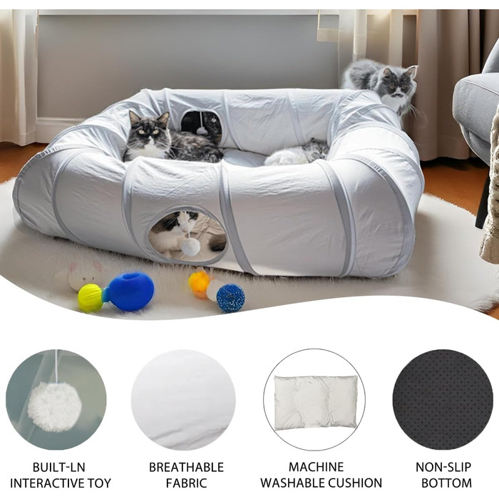 Туннель для котів Ernan: складаний ігровий тунель для кошенят, цуценят та кроликів (білий/сірий)