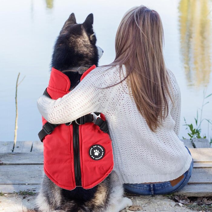 Водонепроникний та вітрозахисний теплий зимовий одяг для собак - куртка з блискавкою, червона, розмір L