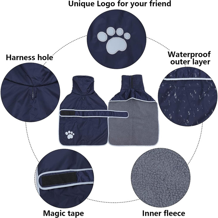 Зимовий теплий одяг для такси (Декіль) Geyecete: куртка з плюшевою підкладкою та отвором для поводок, водонепроникна, вітрозахисна, з світловідбиваючими елементами, для середніх та маленьких собак, розмір M (довжина спини: 42-45 см), колір: темно-синій