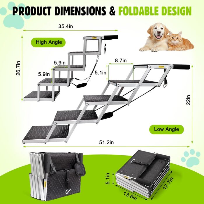 Сходинки для собак великих порід, 5-ступеневі складані, срібного кольору. Підходять для SUV, підтримують до 90 кг.